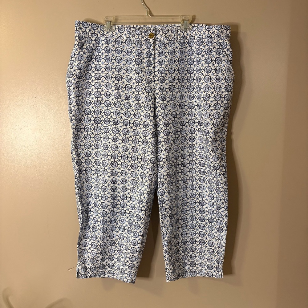 Talbots women’s plus cropped linen pants blue floral size 20 w